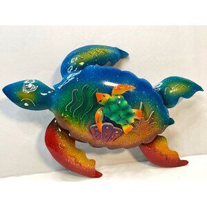Sea Turtle metal tin wall decor bright rainbow colors 12" x 9" ocean beach blue
